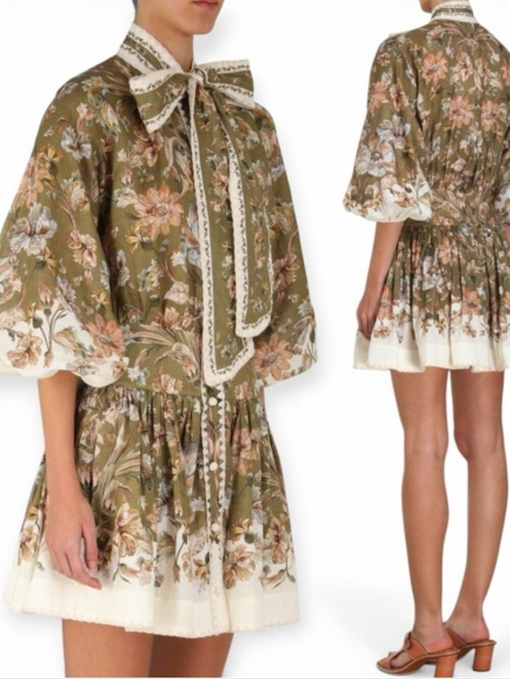 Zimmermann Olive Floral Bow Tie Mini Dress Size 2 EUC - Picture 3 of 4